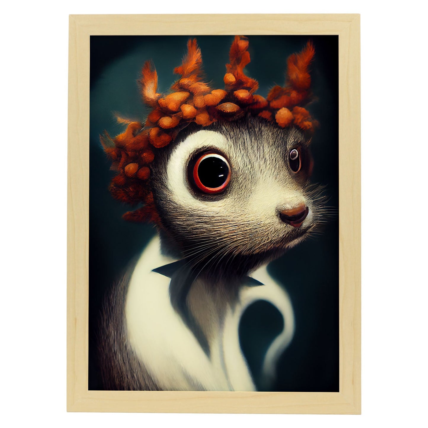 Nacnic Lámina Ardilla Compasivo estilo T. Burton. Ilustraciones y pósters de animales inspirados en el arte gótico y oscuro de Burton. Diseño y Decoración de Interiores.-Artwork-Nacnic-A4-Marco Madera clara-Nacnic Estudio SL