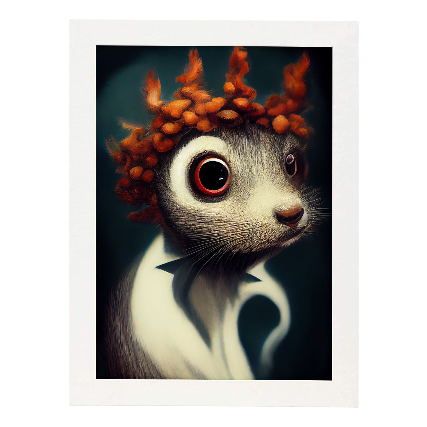 Nacnic Lámina Ardilla Compasivo estilo T. Burton. Ilustraciones y pósters de animales inspirados en el arte gótico y oscuro de Burton. Diseño y Decoración de Interiores.-Artwork-Nacnic-A4-Marco Blanco-Nacnic Estudio SL
