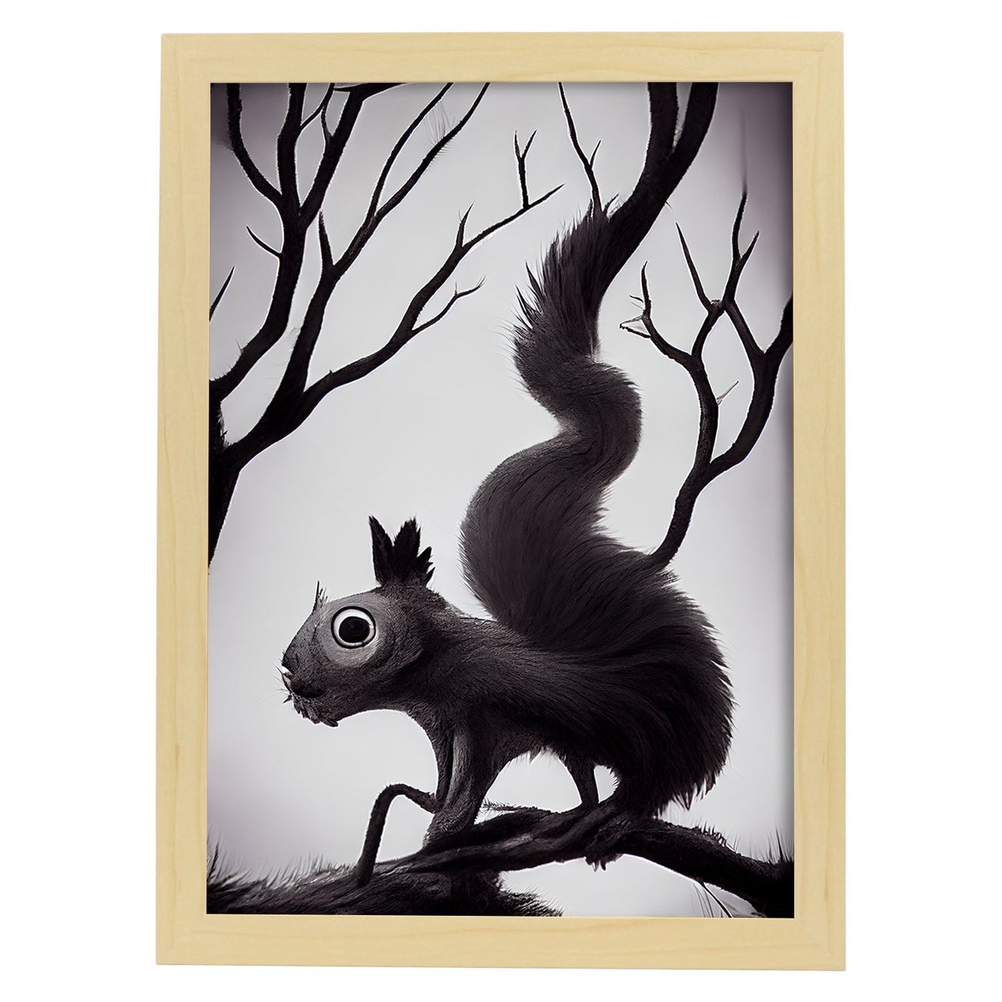 Nacnic Lámina Ardilla Dependiente estilo T. Burton. Ilustraciones y pósters de animales inspirados en el arte gótico y oscuro de Burton. Diseño y Decoración de Interiores.-Artwork-Nacnic-A4-Marco Madera clara-Nacnic Estudio SL