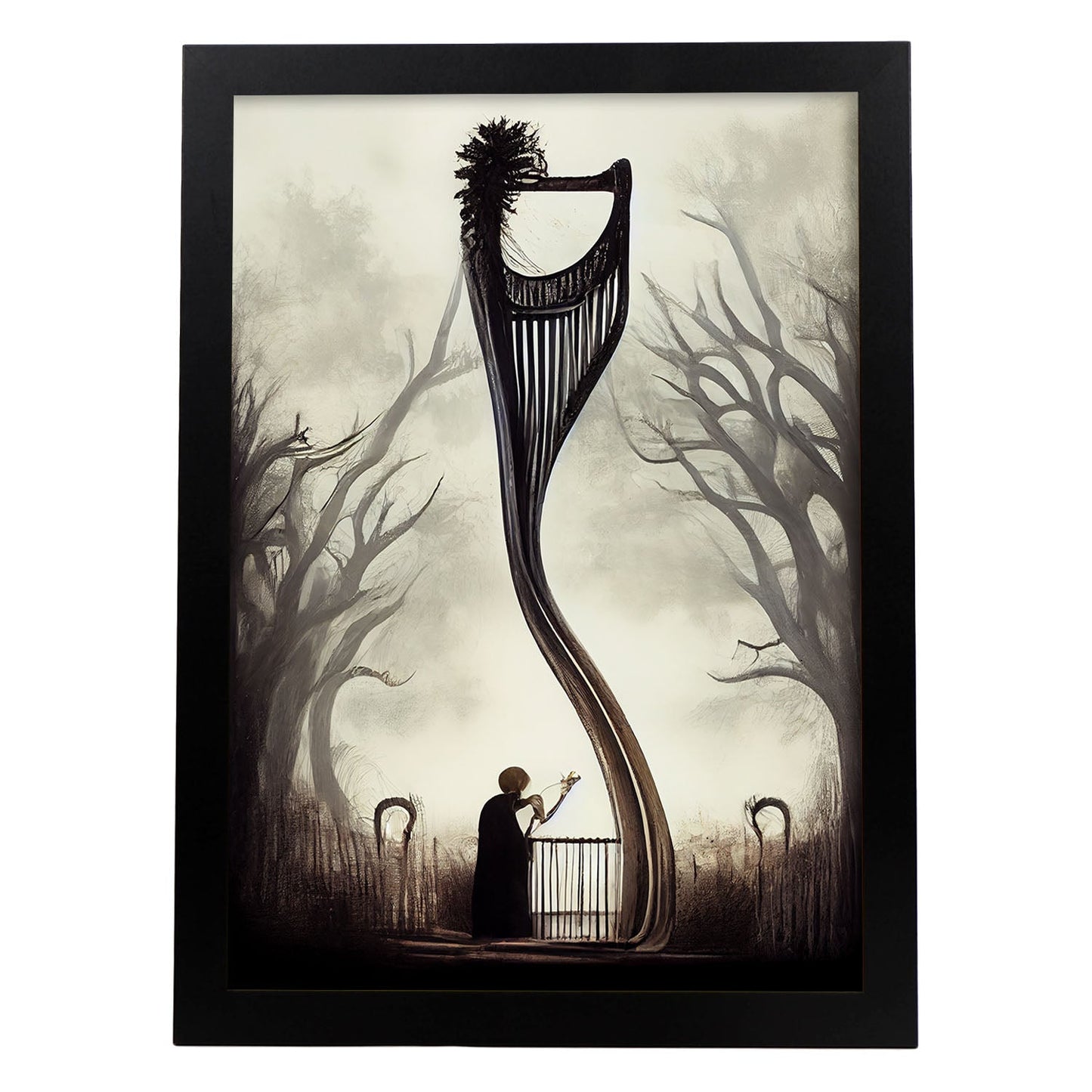 Nacnic Lámina Arpa Cariñoso al estilo de T. Burton. Ilustraciones de escenas y lugares inspiradas en arte gótico y oscuro. Diseño y Decoración de Interiores.-Artwork-Nacnic-A4-Sin marco-Nacnic Estudio SL