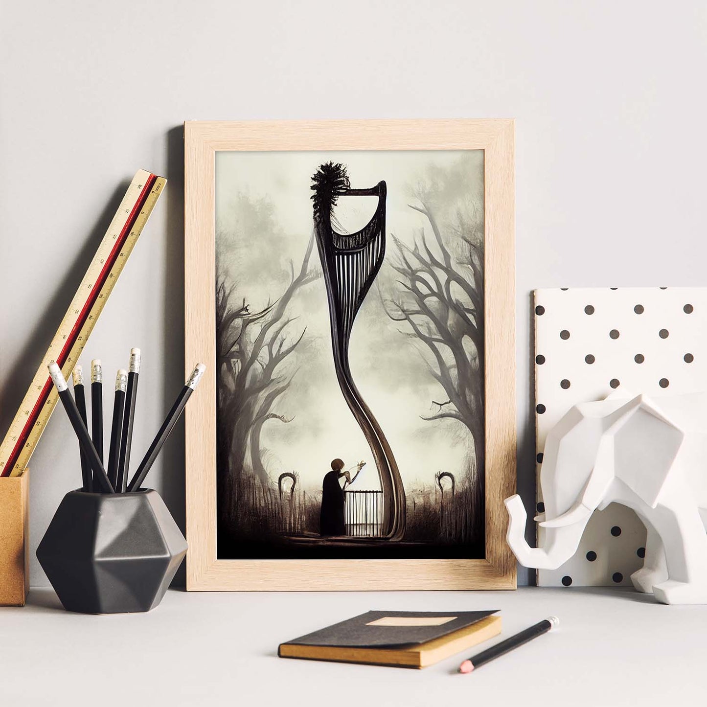 Nacnic Lámina Arpa Cariñoso al estilo de T. Burton. Ilustraciones de escenas y lugares inspiradas en arte gótico y oscuro. Diseño y Decoración de Interiores.-Artwork-Nacnic-Nacnic Estudio SL