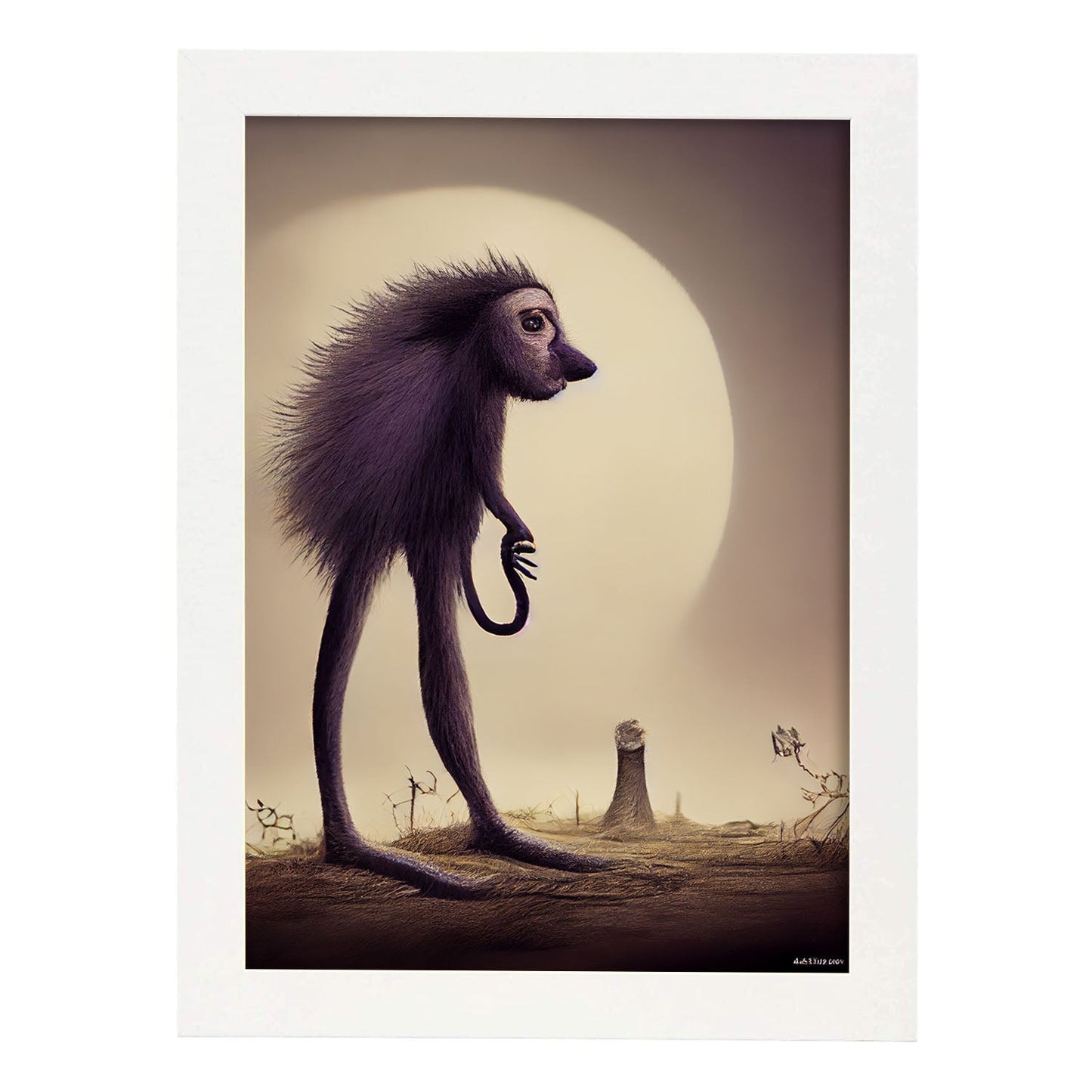 Nacnic Lámina Babuino Gigante Energético estilo T. Burton. Ilustraciones y pósters de animales inspirados en el arte gótico y oscuro de Burton. Diseño y Decoración de Interiores.-Artwork-Nacnic-A4-Marco Blanco-Nacnic Estudio SL