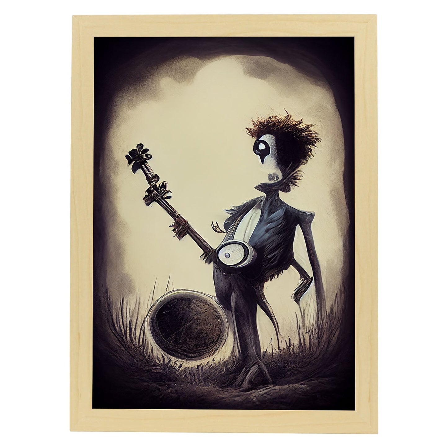 Nacnic Lámina Banjo humano Generoso al estilo de T. Burton. Ilustraciones de escenas y lugares inspiradas en arte gótico y oscuro. Diseño y Decoración de Interiores.-Artwork-Nacnic-A4-Marco Madera clara-Nacnic Estudio SL