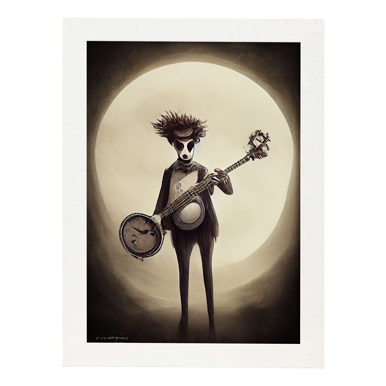 Nacnic Lámina Banjo Tolerante al estilo de T. Burton. Ilustraciones de escenas y lugares inspiradas en arte gótico y oscuro. Diseño y Decoración de Interiores.-Artwork-Nacnic-A4-Marco Blanco-Nacnic Estudio SL