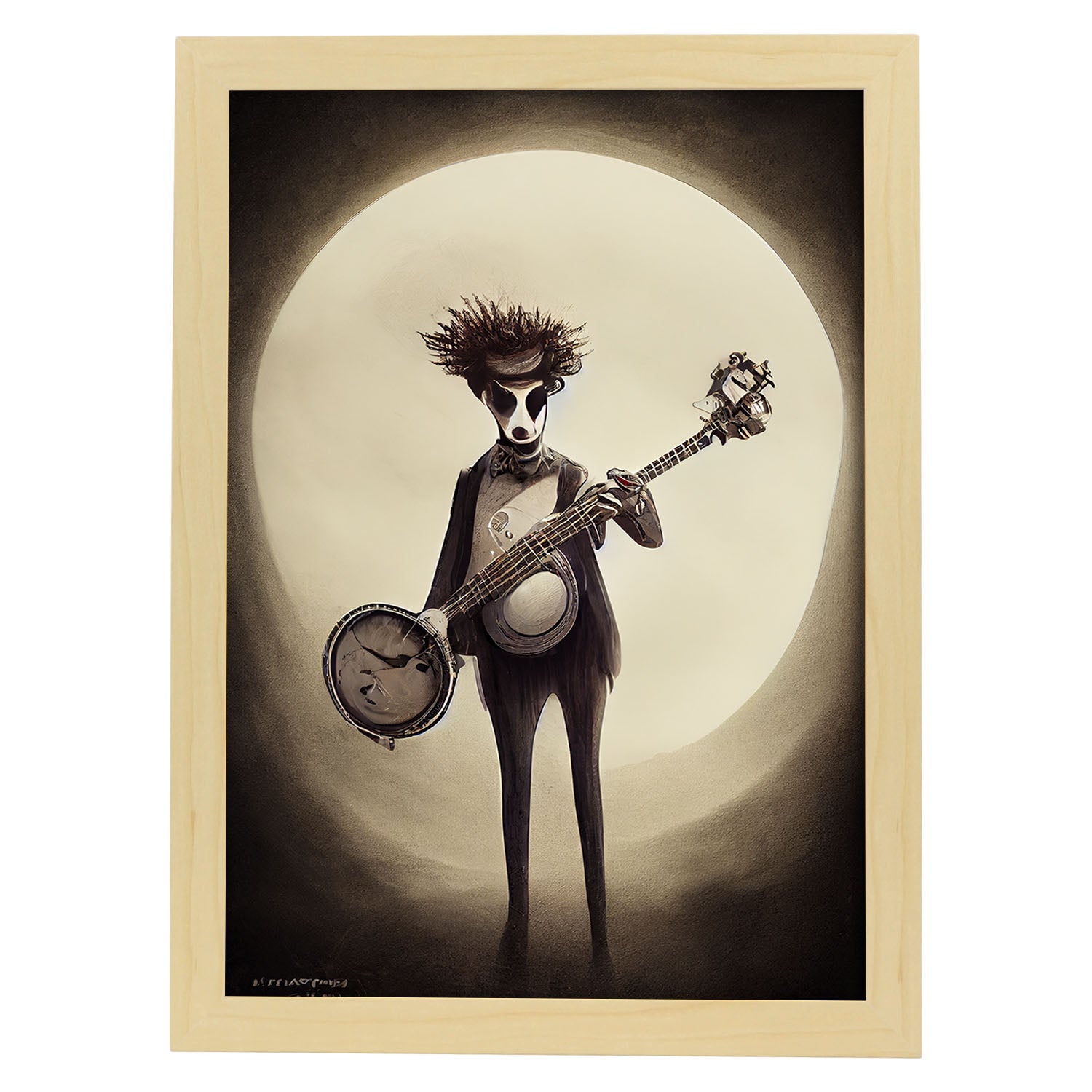 Nacnic Lámina Banjo Tolerante al estilo de T. Burton. Ilustraciones de escenas y lugares inspiradas en arte gótico y oscuro. Diseño y Decoración de Interiores.-Artwork-Nacnic-A4-Marco Madera clara-Nacnic Estudio SL