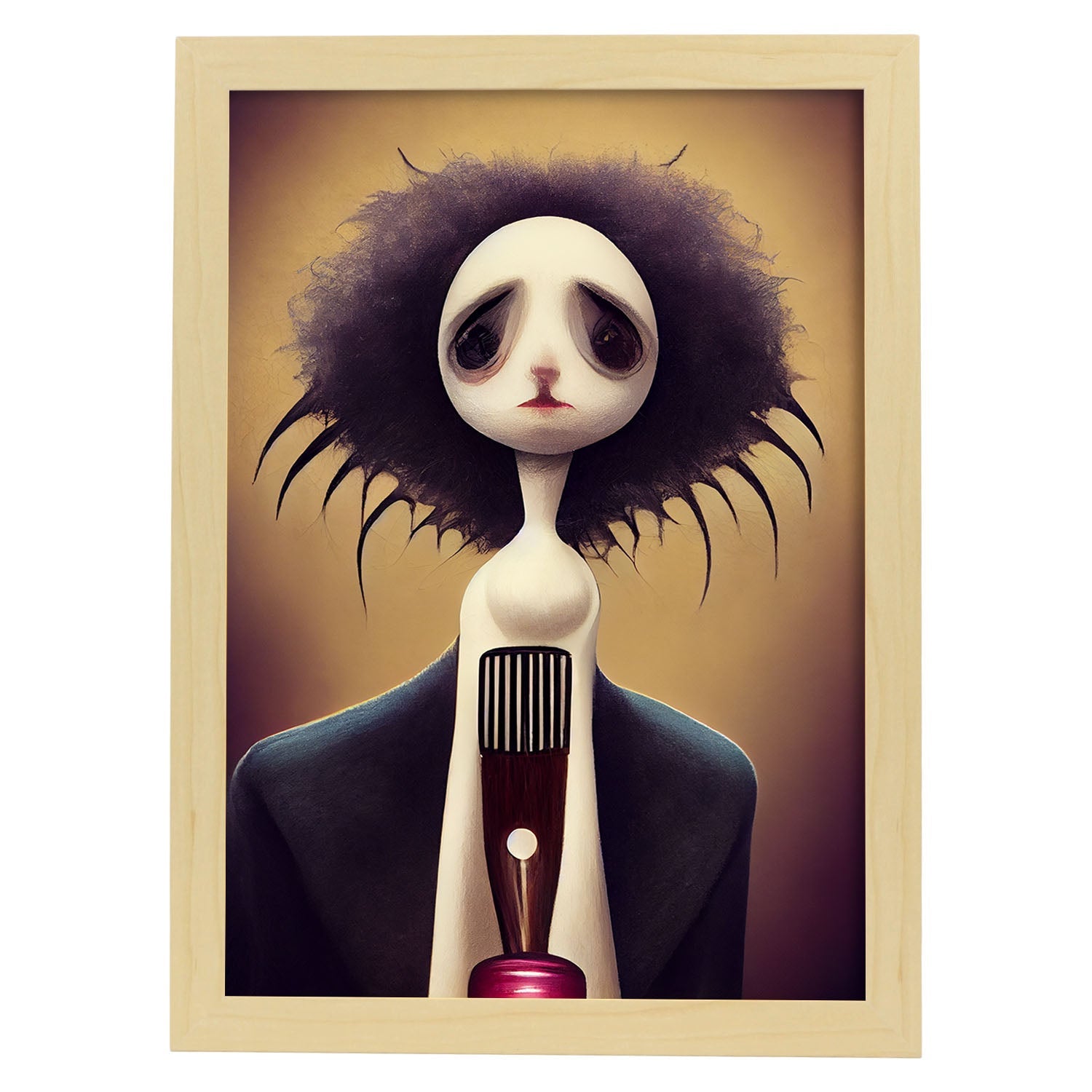 Nacnic Lámina Barbero Creativo al estilo de T. Burton. Ilustraciones de profesiones y oficios inspiradas en arte gótico y oscuro. Diseño y Decoración de Interiores.-Artwork-Nacnic-A4-Marco Madera clara-Nacnic Estudio SL