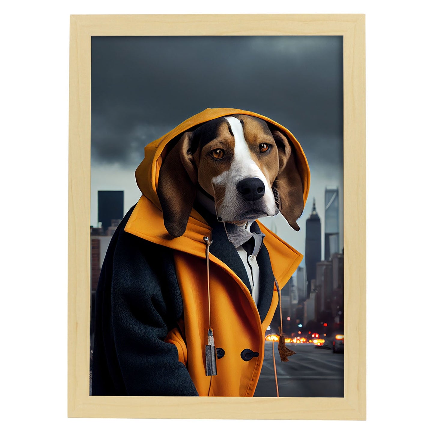 Nacnic Lámina Beagle Compasivo en estilo Fotografía a todo color. Divertidas ilustraciones realistas de animales con ropa humana. Diseño y Decoración de Interiores.-Artwork-Nacnic-A4-Marco Madera clara-Nacnic Estudio SL