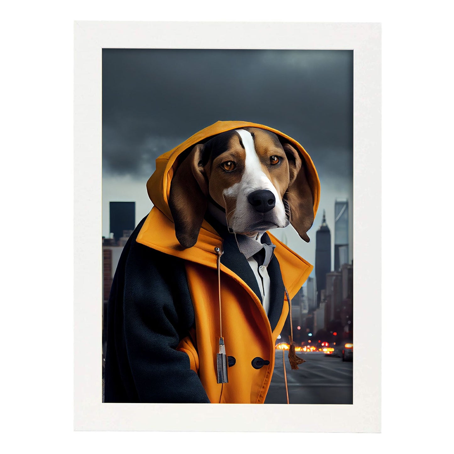 Nacnic Lámina Beagle Compasivo en estilo Fotografía a todo color. Divertidas ilustraciones realistas de animales con ropa humana. Diseño y Decoración de Interiores.-Artwork-Nacnic-A4-Marco Blanco-Nacnic Estudio SL
