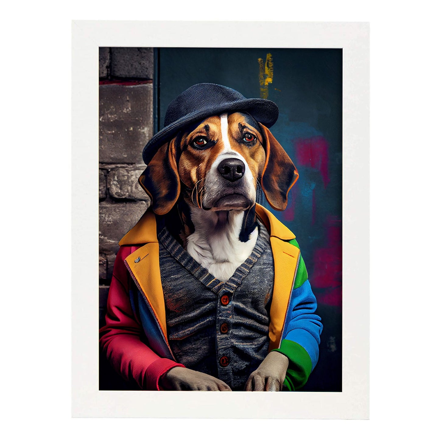 Nacnic Lámina Beagle Dinámico en estilo Fotografía a todo color. Divertidas ilustraciones realistas de animales con ropa humana. Diseño y Decoración de Interiores.-Artwork-Nacnic-A4-Marco Blanco-Nacnic Estudio SL