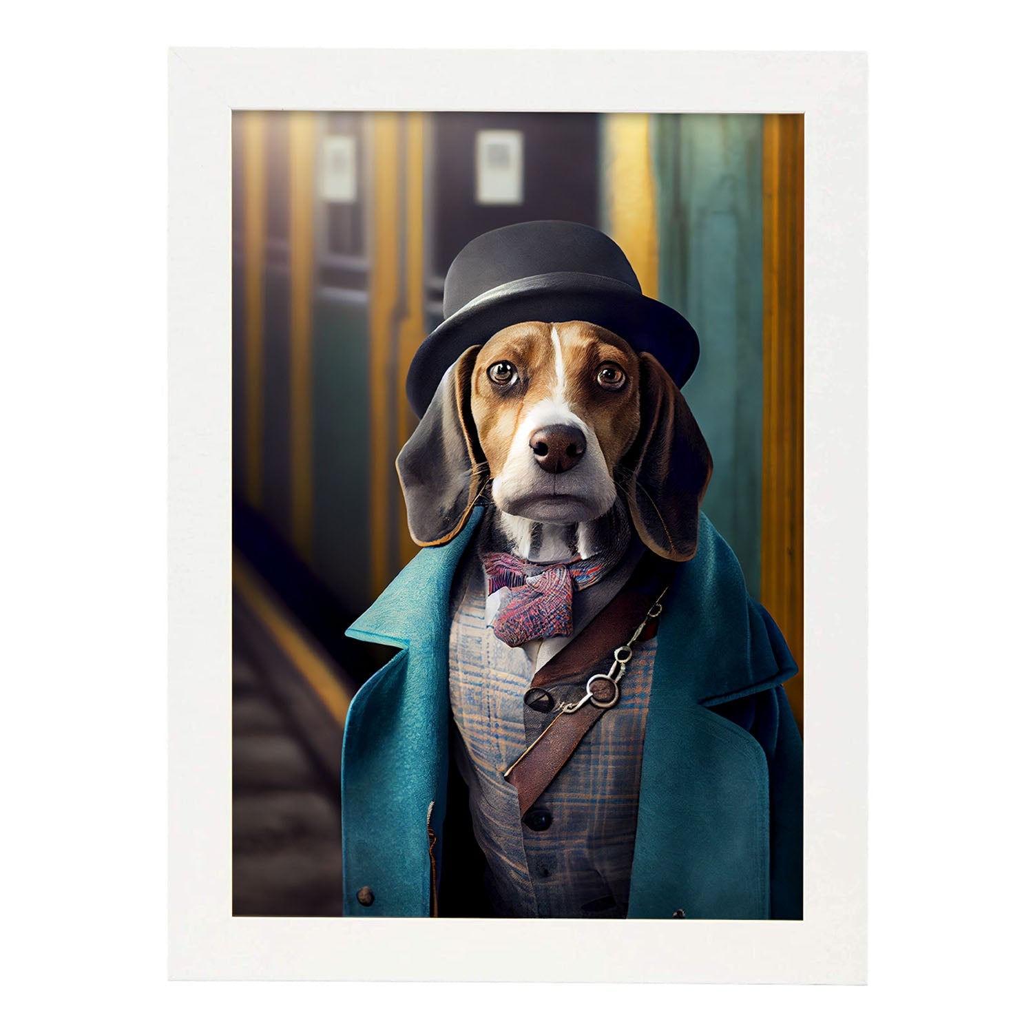 Nacnic Lámina Beagle Práctico en estilo Fotografía a todo color. Divertidas ilustraciones realistas de animales con ropa humana. Diseño y Decoración de Interiores.-Artwork-Nacnic-A4-Marco Blanco-Nacnic Estudio SL