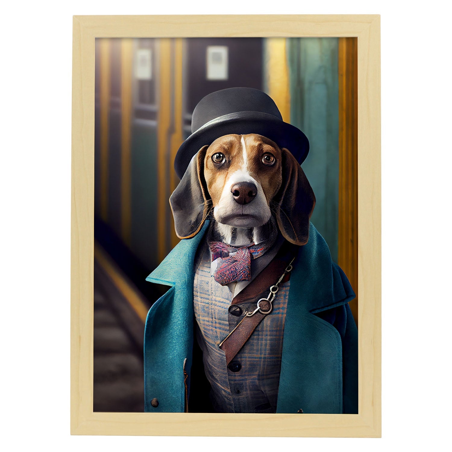 Nacnic Lámina Beagle Práctico en estilo Fotografía a todo color. Divertidas ilustraciones realistas de animales con ropa humana. Diseño y Decoración de Interiores.-Artwork-Nacnic-A4-Marco Madera clara-Nacnic Estudio SL