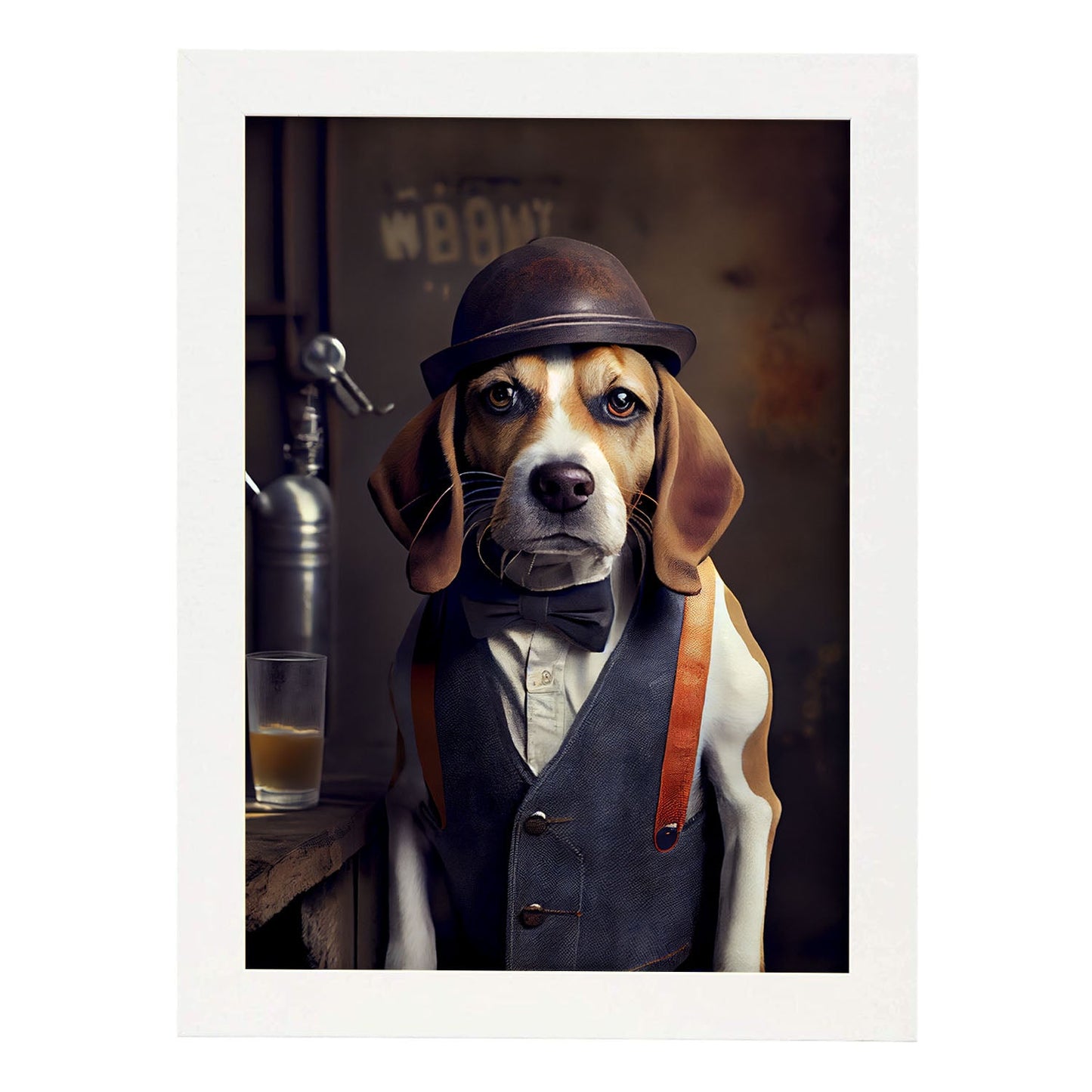 Nacnic Lámina Beagle Valiente en estilo Fotografía a todo color. Divertidas ilustraciones realistas de animales con ropa humana. Diseño y Decoración de Interiores.-Artwork-Nacnic-A4-Marco Blanco-Nacnic Estudio SL