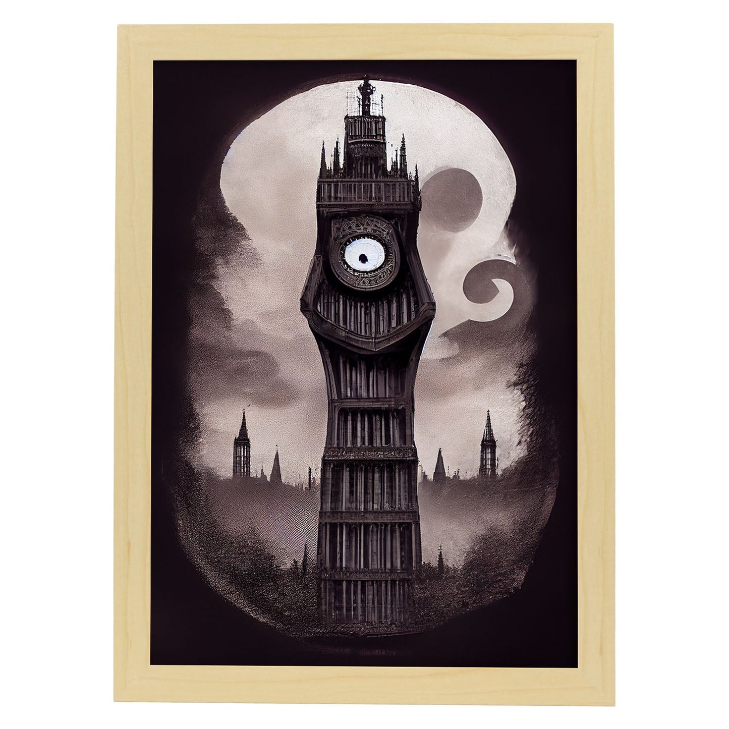 Nacnic Lámina Big Ben Empático al estilo de T. Burton. Ilustraciones de monumentos, ciudades, paises inspiradas en arte gótico y oscuro. Diseño y Decoración de Interiores.-Artwork-Nacnic-A4-Marco Madera clara-Nacnic Estudio SL