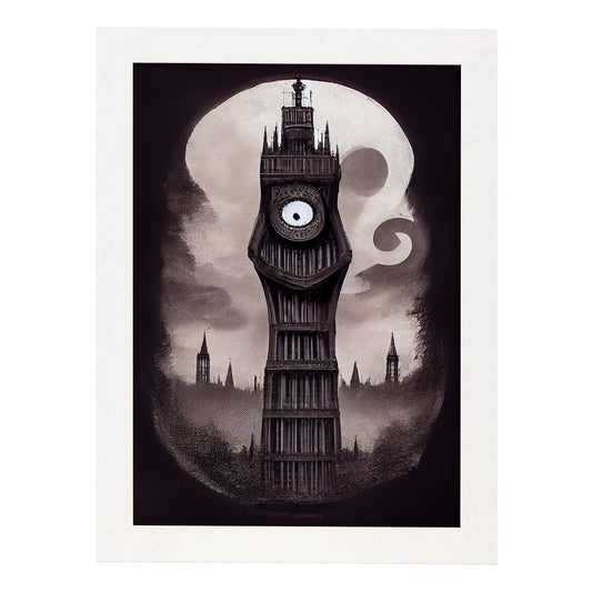 Nacnic Lámina Big Ben Empático al estilo de T. Burton. Ilustraciones de monumentos, ciudades, paises inspiradas en arte gótico y oscuro. Diseño y Decoración de Interiores.-Artwork-Nacnic-A4-Marco Blanco-Nacnic Estudio SL