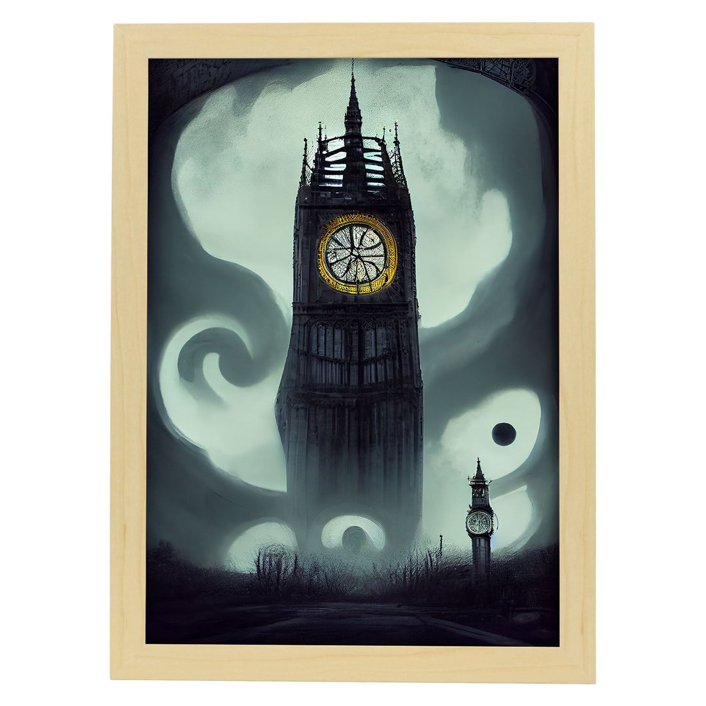 Nacnic Lámina Big Ben Energético al estilo de T. Burton. Ilustraciones de monumentos, ciudades, paises inspiradas en arte gótico y oscuro. Diseño y Decoración de Interiores.-Artwork-Nacnic-A4-Marco Madera clara-Nacnic Estudio SL