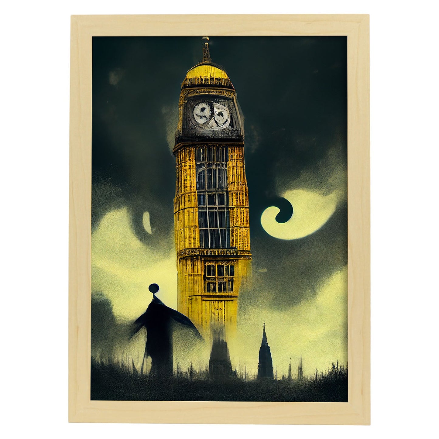 Nacnic Lámina Big Ben Generoso al estilo de T. Burton. Ilustraciones de monumentos, ciudades, paises inspiradas en arte gótico y oscuro. Diseño y Decoración de Interiores.-Artwork-Nacnic-A4-Marco Madera clara-Nacnic Estudio SL