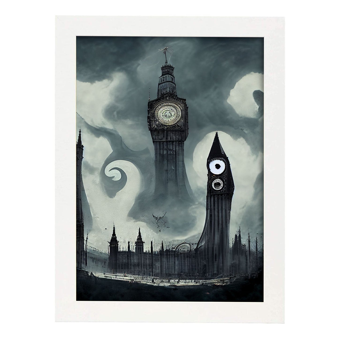 Nacnic Lámina Big Ben Inglaterra al estilo de T. Burton. Ilustraciones de monumentos, ciudades, paises inspiradas en arte gótico y oscuro. Diseño y Decoración de Interiores.-Artwork-Nacnic-A4-Marco Blanco-Nacnic Estudio SL