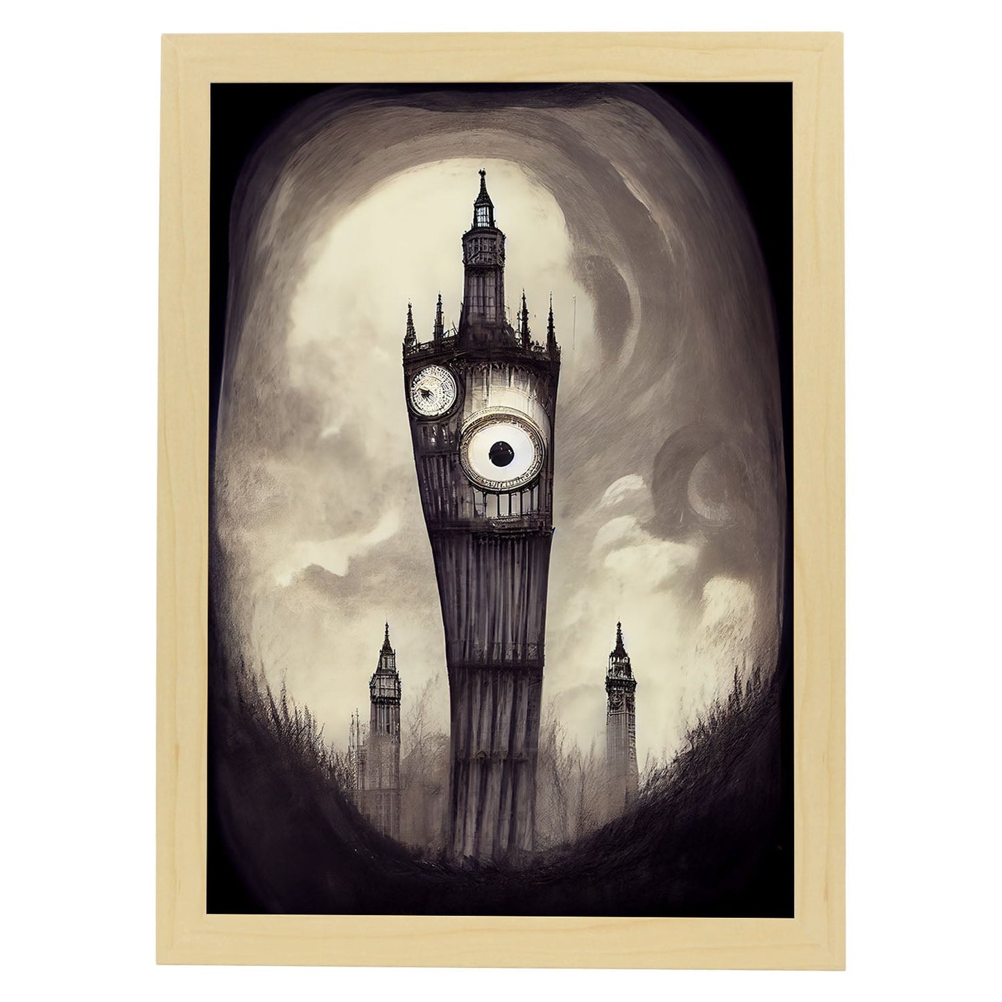 Nacnic Lámina Big Ben Paciente al estilo de T. Burton. Ilustraciones de monumentos, ciudades, paises inspiradas en arte gótico y oscuro. Diseño y Decoración de Interiores.-Artwork-Nacnic-A4-Marco Madera clara-Nacnic Estudio SL