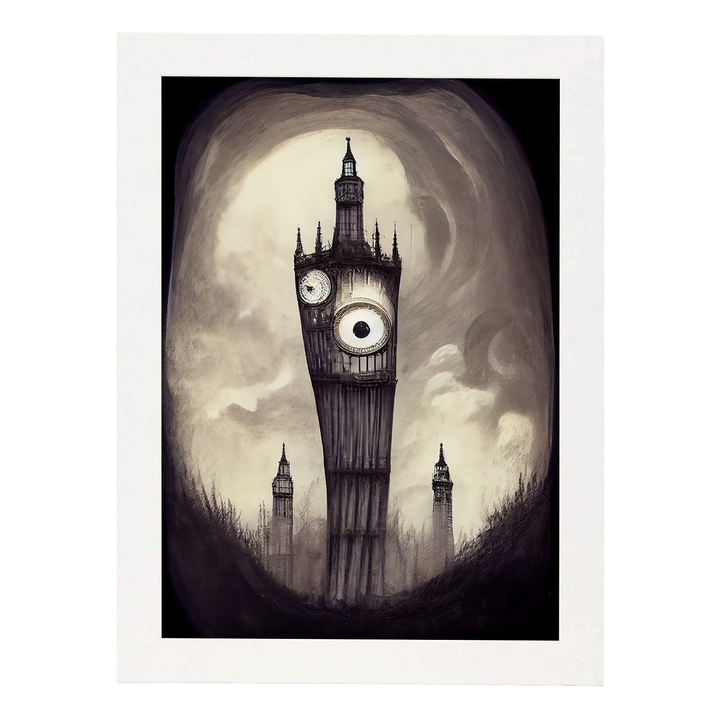 Nacnic Lámina Big Ben Paciente al estilo de T. Burton. Ilustraciones de monumentos, ciudades, paises inspiradas en arte gótico y oscuro. Diseño y Decoración de Interiores.-Artwork-Nacnic-A4-Marco Blanco-Nacnic Estudio SL
