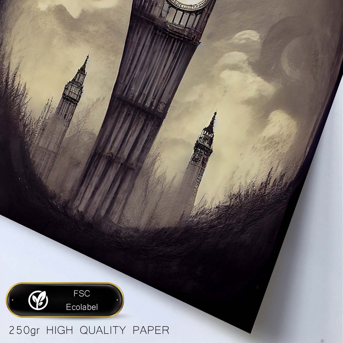 Nacnic Lámina Big Ben Paciente al estilo de T. Burton. Ilustraciones de monumentos, ciudades, paises inspiradas en arte gótico y oscuro. Diseño y Decoración de Interiores.-Artwork-Nacnic-Nacnic Estudio SL
