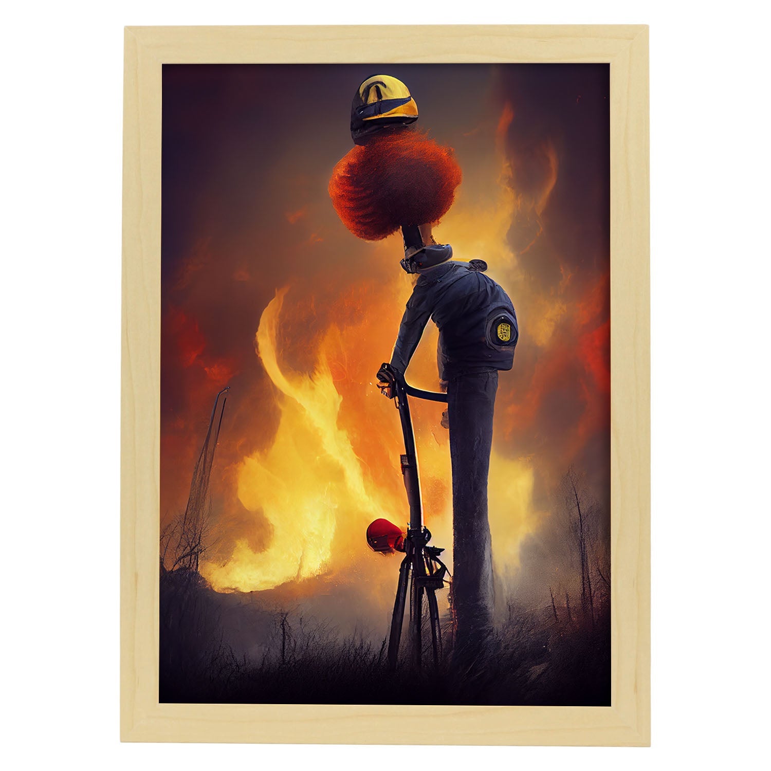 Nacnic Lámina Bombero Amable al estilo de T. Burton. Ilustraciones de profesiones y oficios inspiradas en arte gótico y oscuro. Diseño y Decoración de Interiores.-Artwork-Nacnic-A3-Marco Madera clara-Nacnic Estudio SL