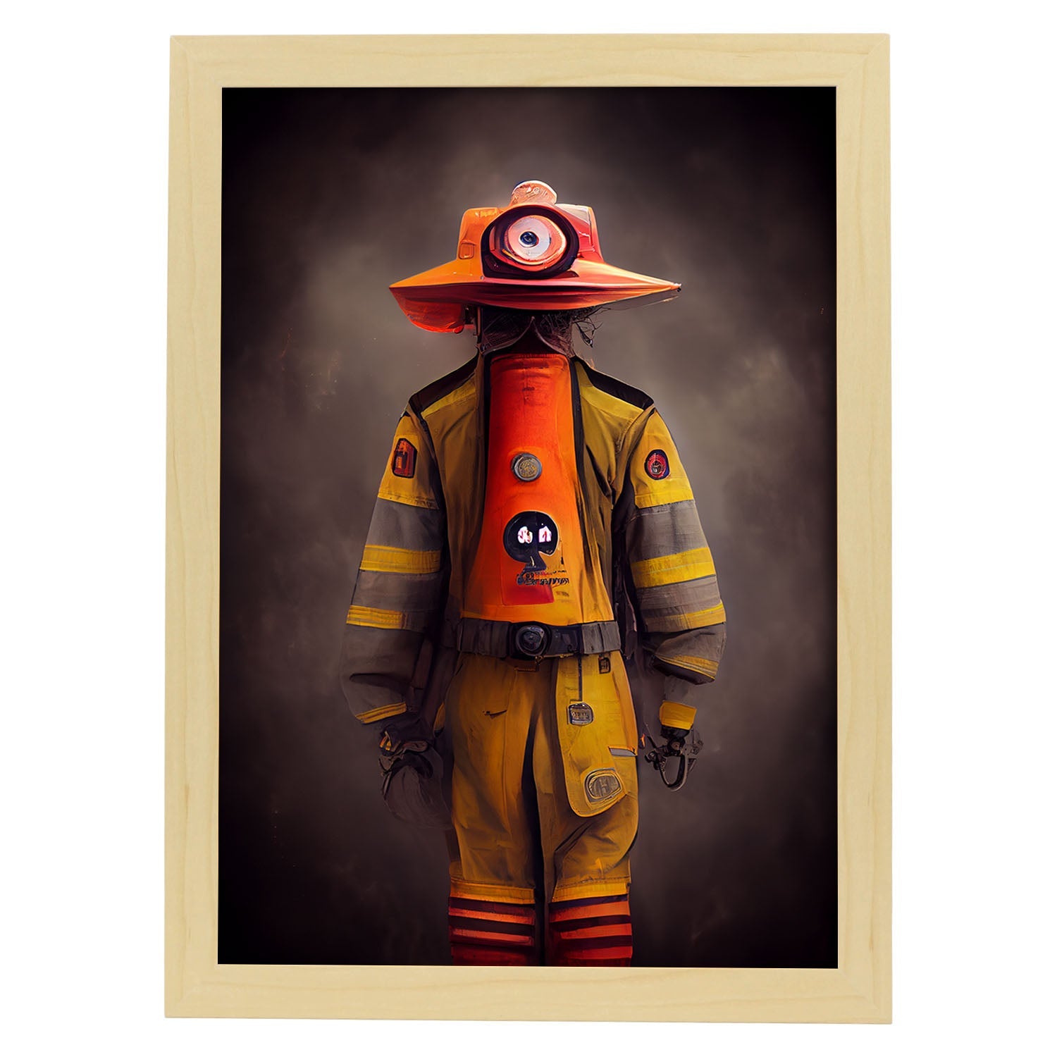 Nacnic Lámina Bombero Sensible al estilo de T. Burton. Ilustraciones de profesiones y oficios inspiradas en arte gótico y oscuro. Diseño y Decoración de Interiores.-Artwork-Nacnic-A4-Marco Madera clara-Nacnic Estudio SL