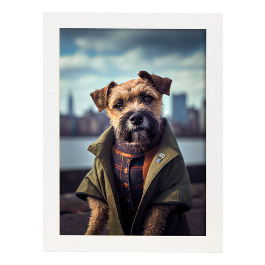 Nacnic Lámina Border Terrier Confiado en estilo Fotografía a todo color. Divertidas ilustraciones realistas de animales con ropa humana. Diseño y Decoración de Interiores.-Artwork-Nacnic-A4-Marco Blanco-Nacnic Estudio SL