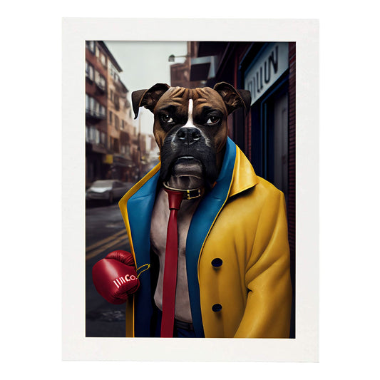 Nacnic Lámina Boxer Amistoso en estilo Fotografía a todo color. Divertidas ilustraciones realistas de animales con ropa humana. Diseño y Decoración de Interiores.-Artwork-Nacnic-A4-Marco Blanco-Nacnic Estudio SL