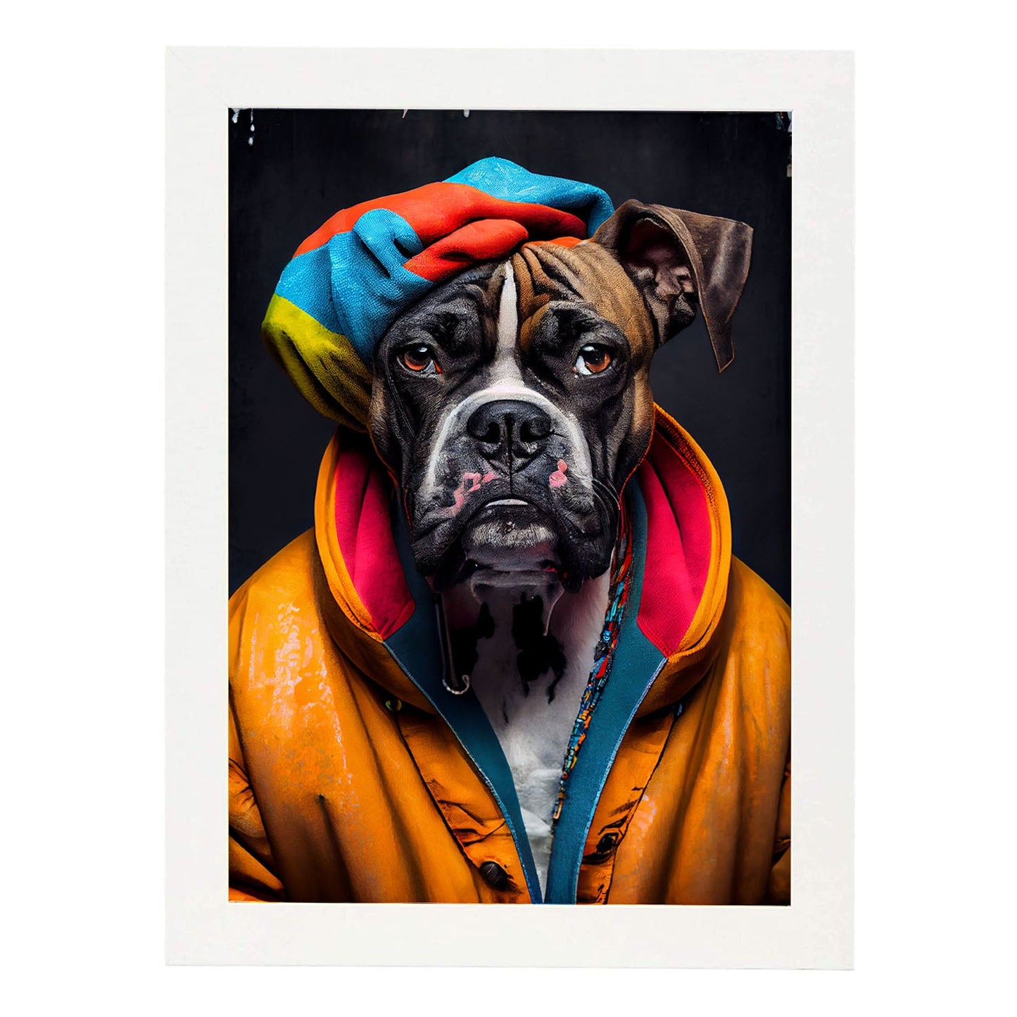 Nacnic Lámina Boxer colorido Dinámico en estilo Fotografía a todo color. Divertidas ilustraciones realistas de animales con ropa humana. Diseño y Decoración de Interiores.-Artwork-Nacnic-A4-Marco Blanco-Nacnic Estudio SL