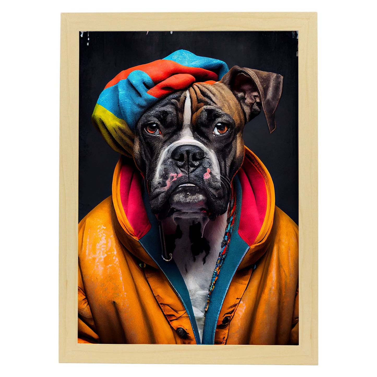 Nacnic Lámina Boxer colorido Dinámico en estilo Fotografía a todo color. Divertidas ilustraciones realistas de animales con ropa humana. Diseño y Decoración de Interiores.-Artwork-Nacnic-A4-Marco Madera clara-Nacnic Estudio SL