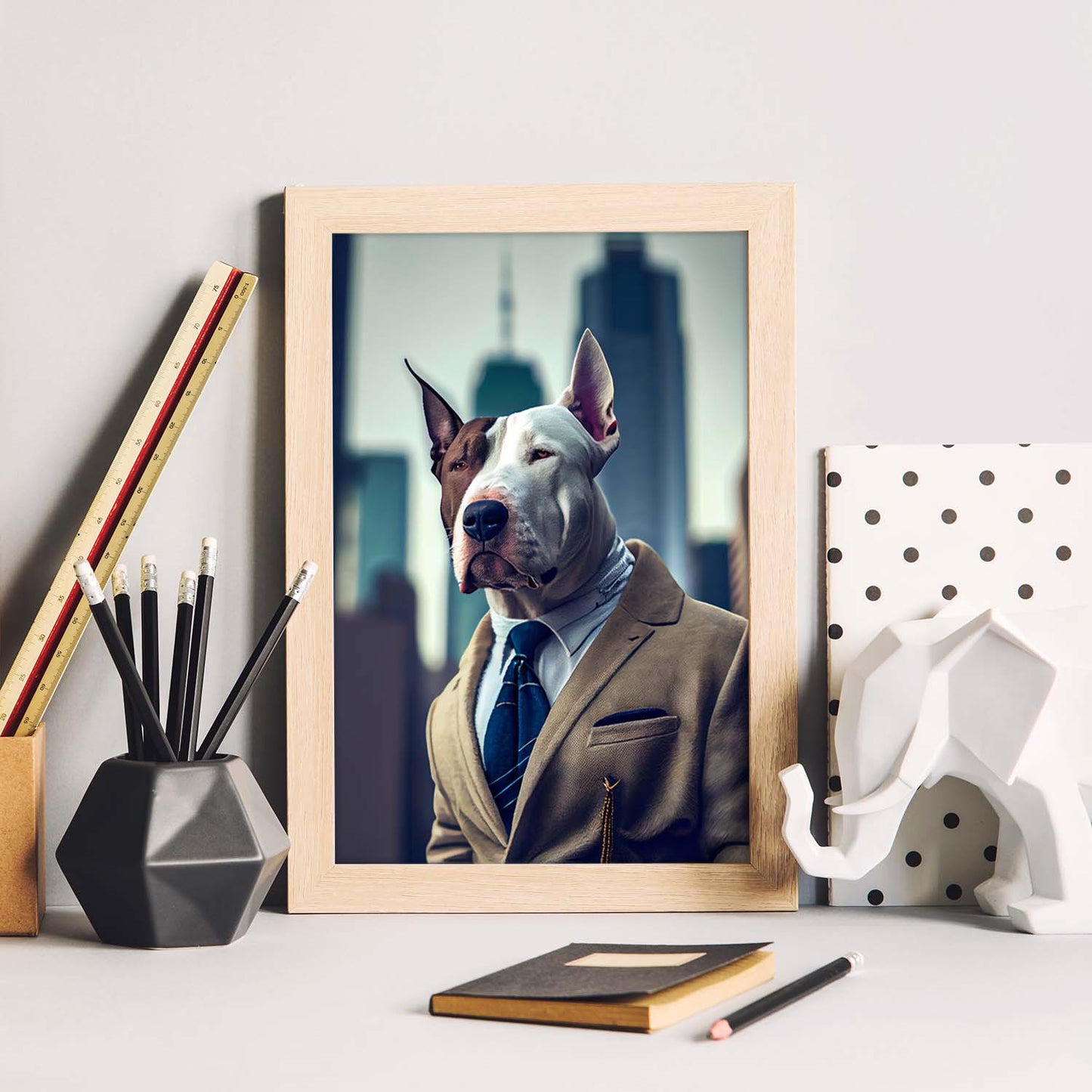 Nacnic Lámina Bull Terrier Optimista en estilo Fotografía a todo color. Divertidas ilustraciones realistas de animales con ropa humana. Diseño y Decoración de Interiores.-Artwork-Nacnic-Nacnic Estudio SL