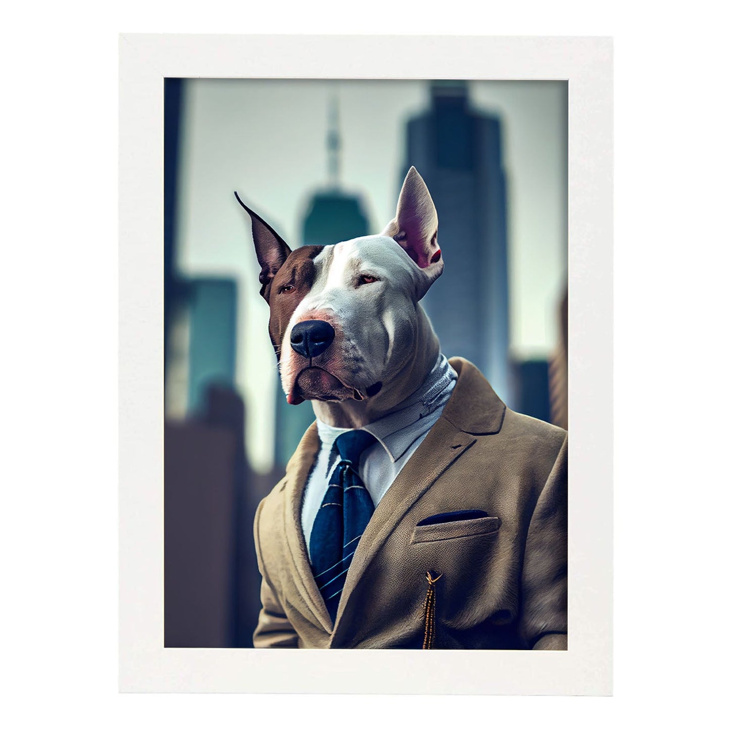 Nacnic Lámina Bull Terrier Optimista en estilo Fotografía a todo color. Divertidas ilustraciones realistas de animales con ropa humana. Diseño y Decoración de Interiores.-Artwork-Nacnic-A4-Marco Blanco-Nacnic Estudio SL