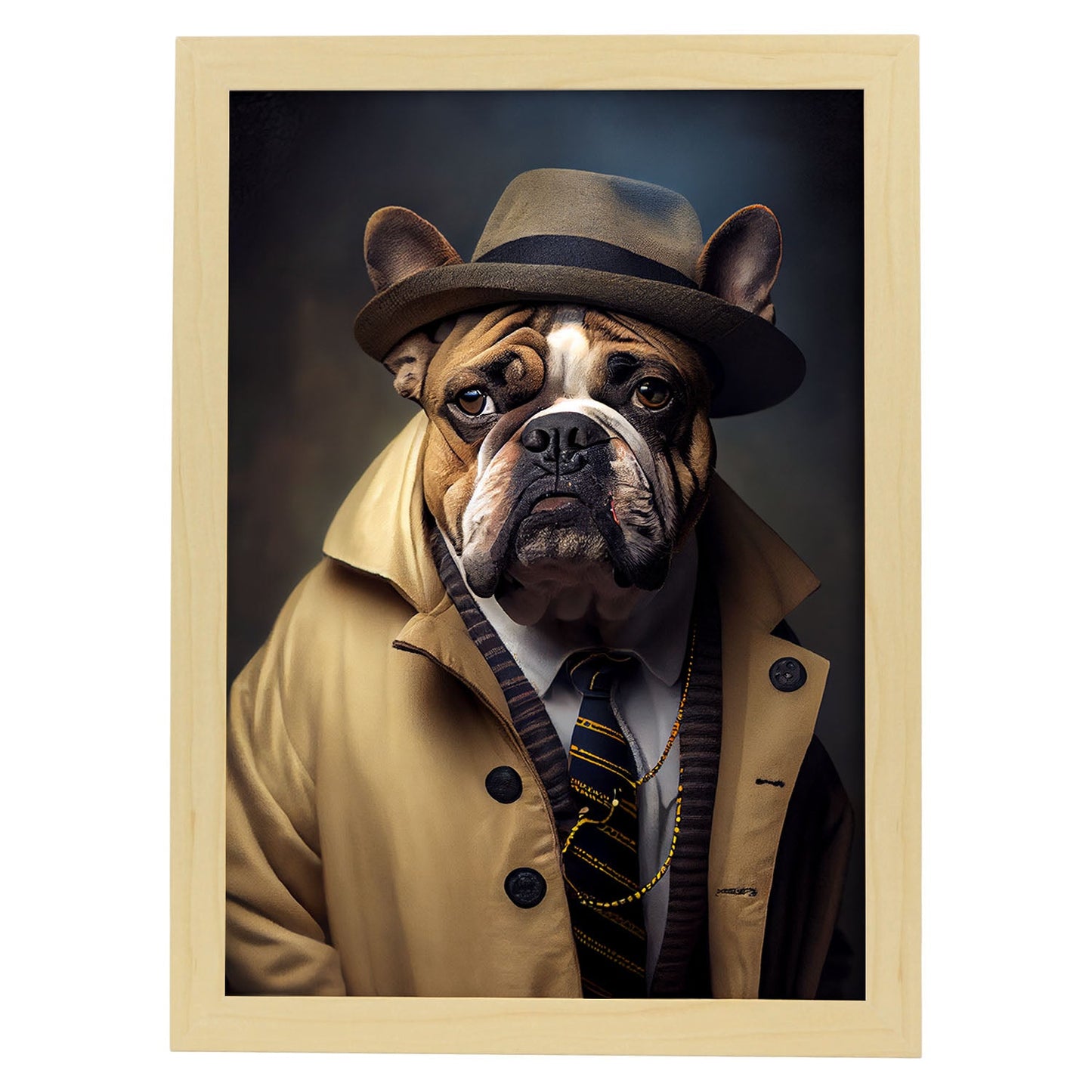 Nacnic Lámina Bulldog 2 Energético en estilo Fotografía a todo color. Divertidas ilustraciones realistas de animales con ropa humana. Diseño y Decoración de Interiores.-Artwork-Nacnic-A4-Marco Madera clara-Nacnic Estudio SL