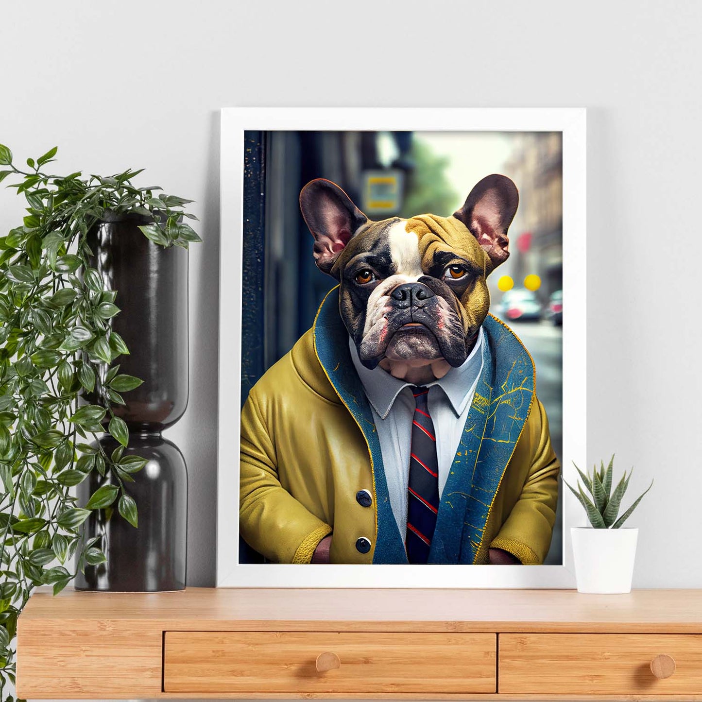 Nacnic Lámina Bulldog de amarillo Compasivo en estilo Fotografía a todo color. Divertidas ilustraciones realistas de animales con ropa humana. Diseño y Decoración de Interiores.-Artwork-Nacnic-Nacnic Estudio SL