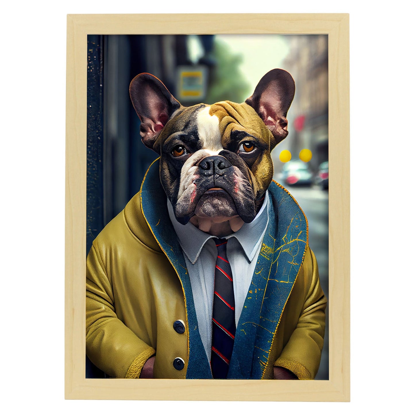 Nacnic Lámina Bulldog de amarillo Compasivo en estilo Fotografía a todo color. Divertidas ilustraciones realistas de animales con ropa humana. Diseño y Decoración de Interiores.-Artwork-Nacnic-A4-Marco Madera clara-Nacnic Estudio SL
