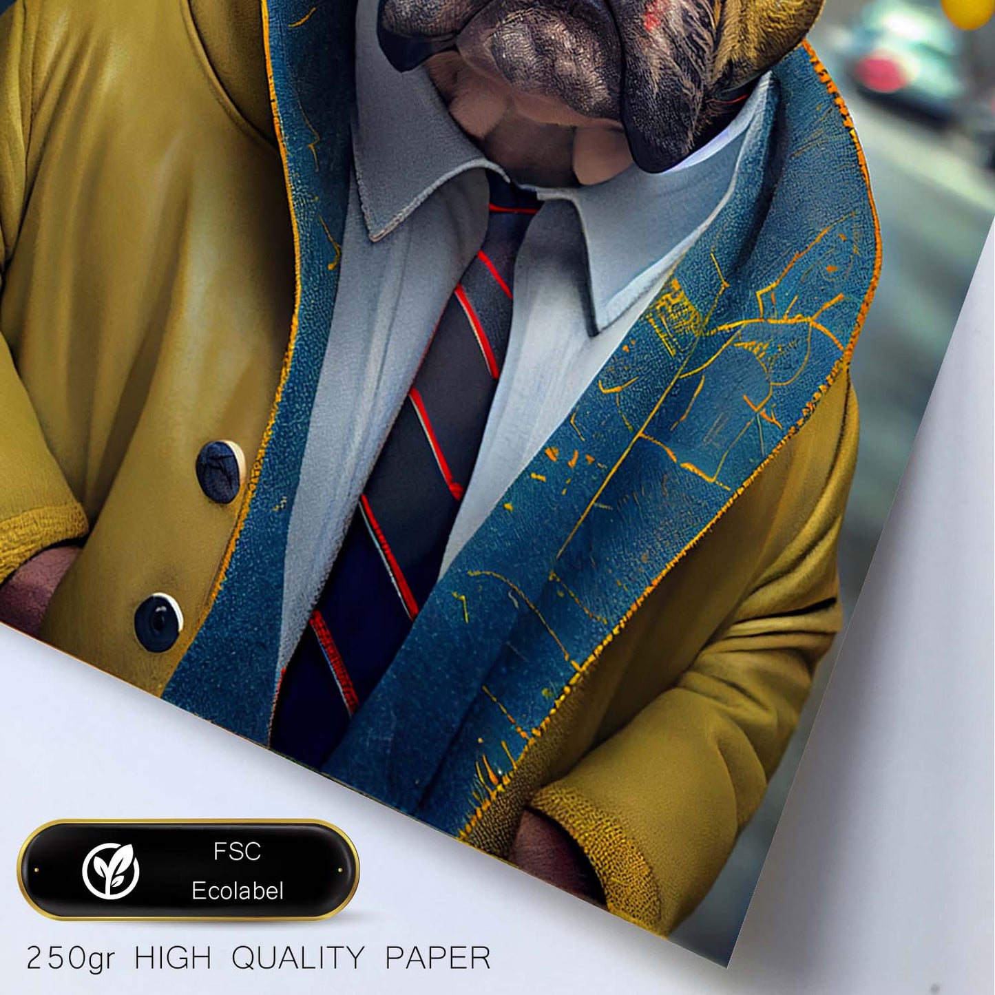 Nacnic Lámina Bulldog de amarillo Compasivo en estilo Fotografía a todo color. Divertidas ilustraciones realistas de animales con ropa humana. Diseño y Decoración de Interiores.-Artwork-Nacnic-Nacnic Estudio SL