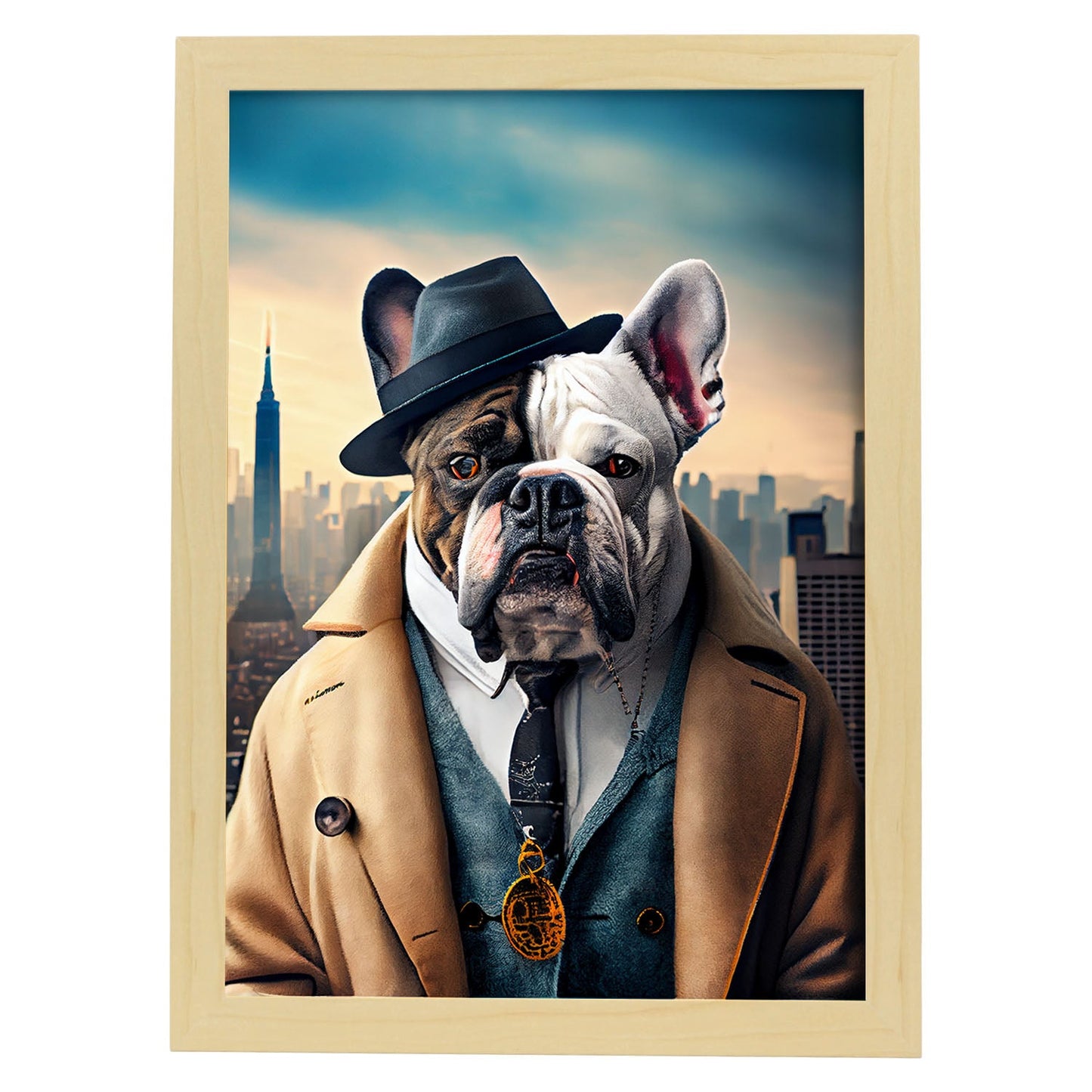 Nacnic Lámina Bulldog detective Racional en estilo Fotografía a todo color. Divertidas ilustraciones realistas de animales con ropa humana. Diseño y Decoración de Interiores.-Artwork-Nacnic-A4-Marco Madera clara-Nacnic Estudio SL