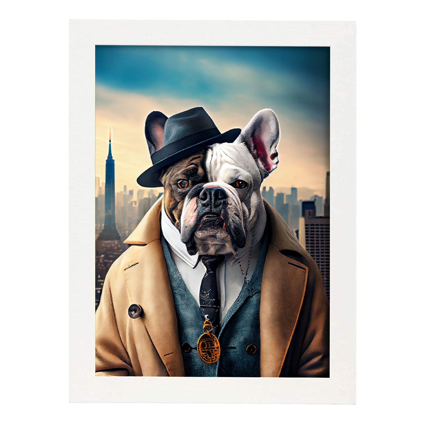 Nacnic Lámina Bulldog detective Racional en estilo Fotografía a todo color. Divertidas ilustraciones realistas de animales con ropa humana. Diseño y Decoración de Interiores.-Artwork-Nacnic-A4-Marco Blanco-Nacnic Estudio SL