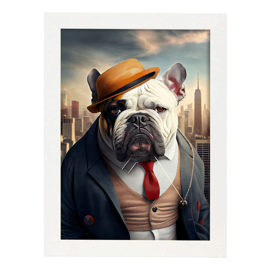 Nacnic Lámina Bulldog inglés Cariñoso en estilo Fotografía a todo color. Divertidas ilustraciones realistas de animales con ropa humana. Diseño y Decoración de Interiores.-Artwork-Nacnic-A4-Marco Blanco-Nacnic Estudio SL