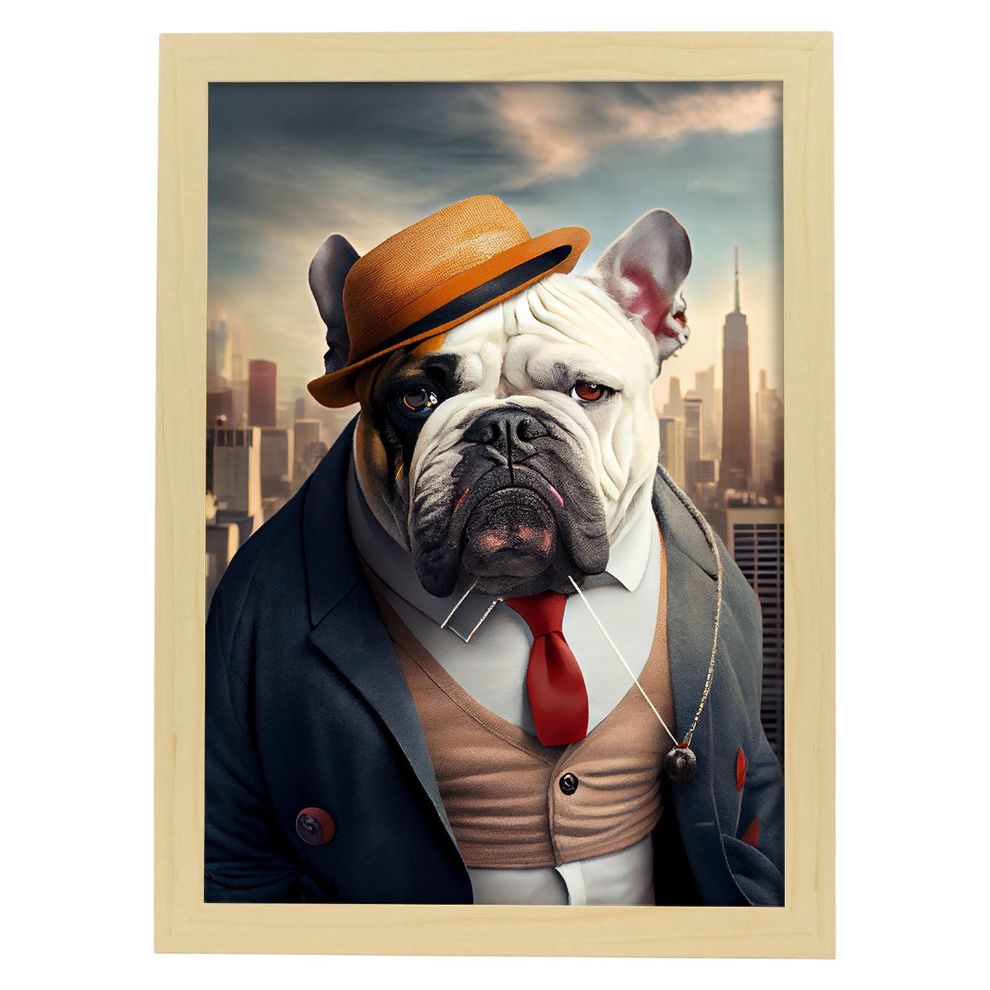 Nacnic Lámina Bulldog inglés Cariñoso en estilo Fotografía a todo color. Divertidas ilustraciones realistas de animales con ropa humana. Diseño y Decoración de Interiores.-Artwork-Nacnic-A4-Marco Madera clara-Nacnic Estudio SL