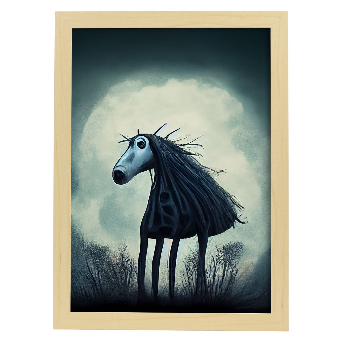 Nacnic Lámina Caballo Amistoso estilo T. Burton. Ilustraciones y pósters de animales inspirados en el arte gótico y oscuro de Burton. Diseño y Decoración de Interiores.-Artwork-Nacnic-A4-Marco Madera clara-Nacnic Estudio SL
