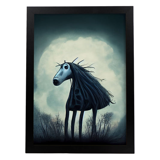 Nacnic Lámina Caballo Amistoso estilo T. Burton. Ilustraciones y pósters de animales inspirados en el arte gótico y oscuro de Burton. Diseño y Decoración de Interiores.-Artwork-Nacnic-A4-Sin marco-Nacnic Estudio SL