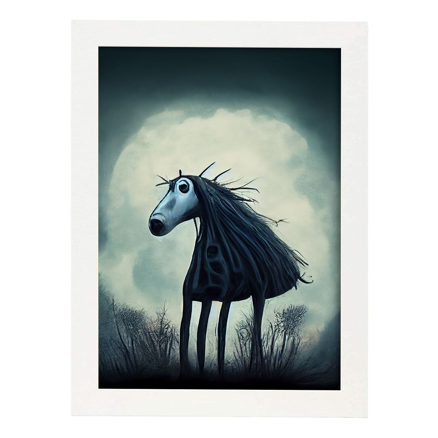 Nacnic Lámina Caballo Amistoso estilo T. Burton. Ilustraciones y pósters de animales inspirados en el arte gótico y oscuro de Burton. Diseño y Decoración de Interiores.-Artwork-Nacnic-A4-Marco Blanco-Nacnic Estudio SL