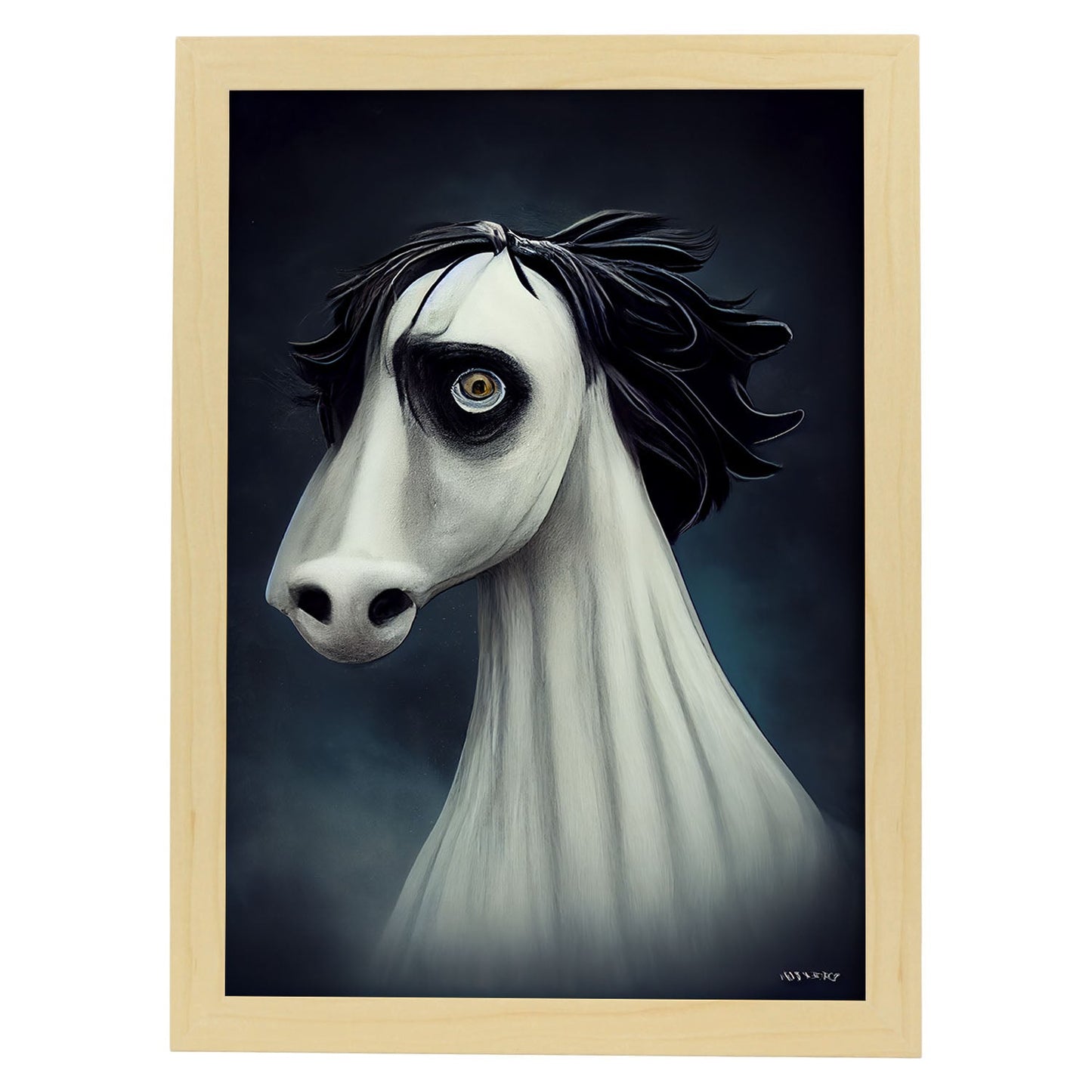 Nacnic Lámina Caballo Racional estilo T. Burton. Ilustraciones y pósters de animales inspirados en el arte gótico y oscuro de Burton. Diseño y Decoración de Interiores.-Artwork-Nacnic-A4-Marco Madera clara-Nacnic Estudio SL