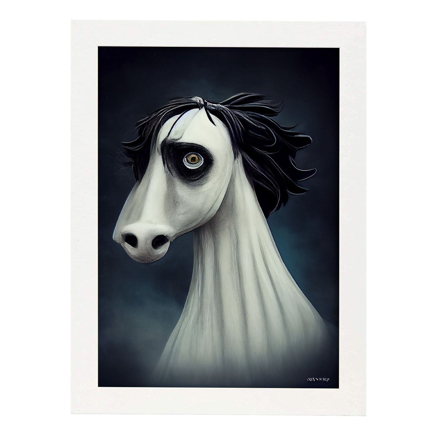 Nacnic Lámina Caballo Racional estilo T. Burton. Ilustraciones y pósters de animales inspirados en el arte gótico y oscuro de Burton. Diseño y Decoración de Interiores.-Artwork-Nacnic-A4-Marco Blanco-Nacnic Estudio SL