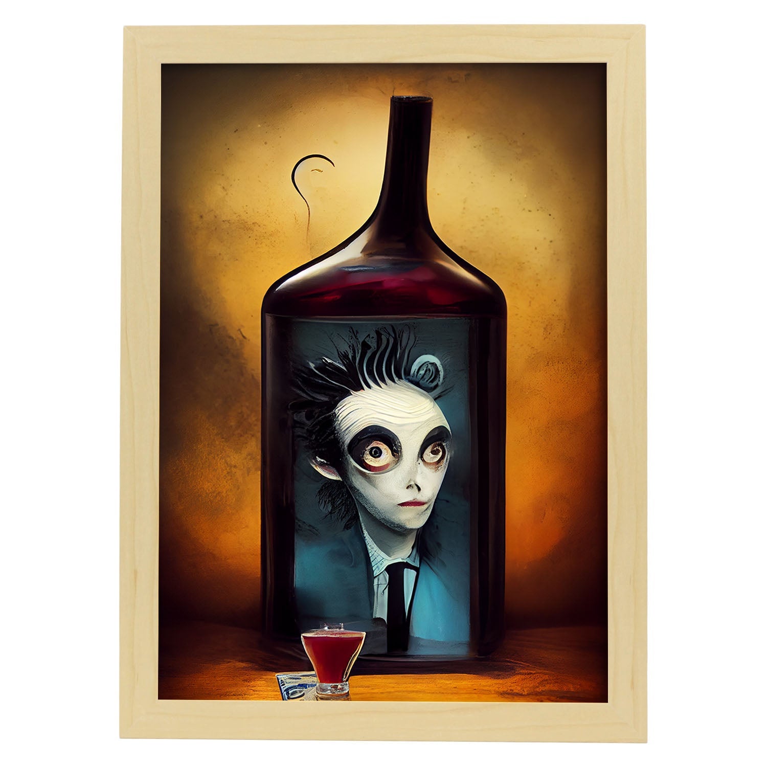 Nacnic Lámina Camarero Amistoso al estilo de T. Burton. Ilustraciones de profesiones y oficios inspiradas en arte gótico y oscuro. Diseño y Decoración de Interiores.-Artwork-Nacnic-A4-Marco Madera clara-Nacnic Estudio SL