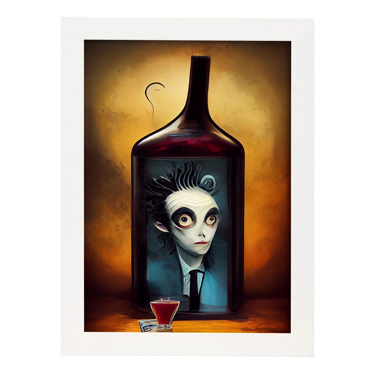 Nacnic Lámina Camarero Amistoso al estilo de T. Burton. Ilustraciones de profesiones y oficios inspiradas en arte gótico y oscuro. Diseño y Decoración de Interiores.-Artwork-Nacnic-A4-Marco Blanco-Nacnic Estudio SL