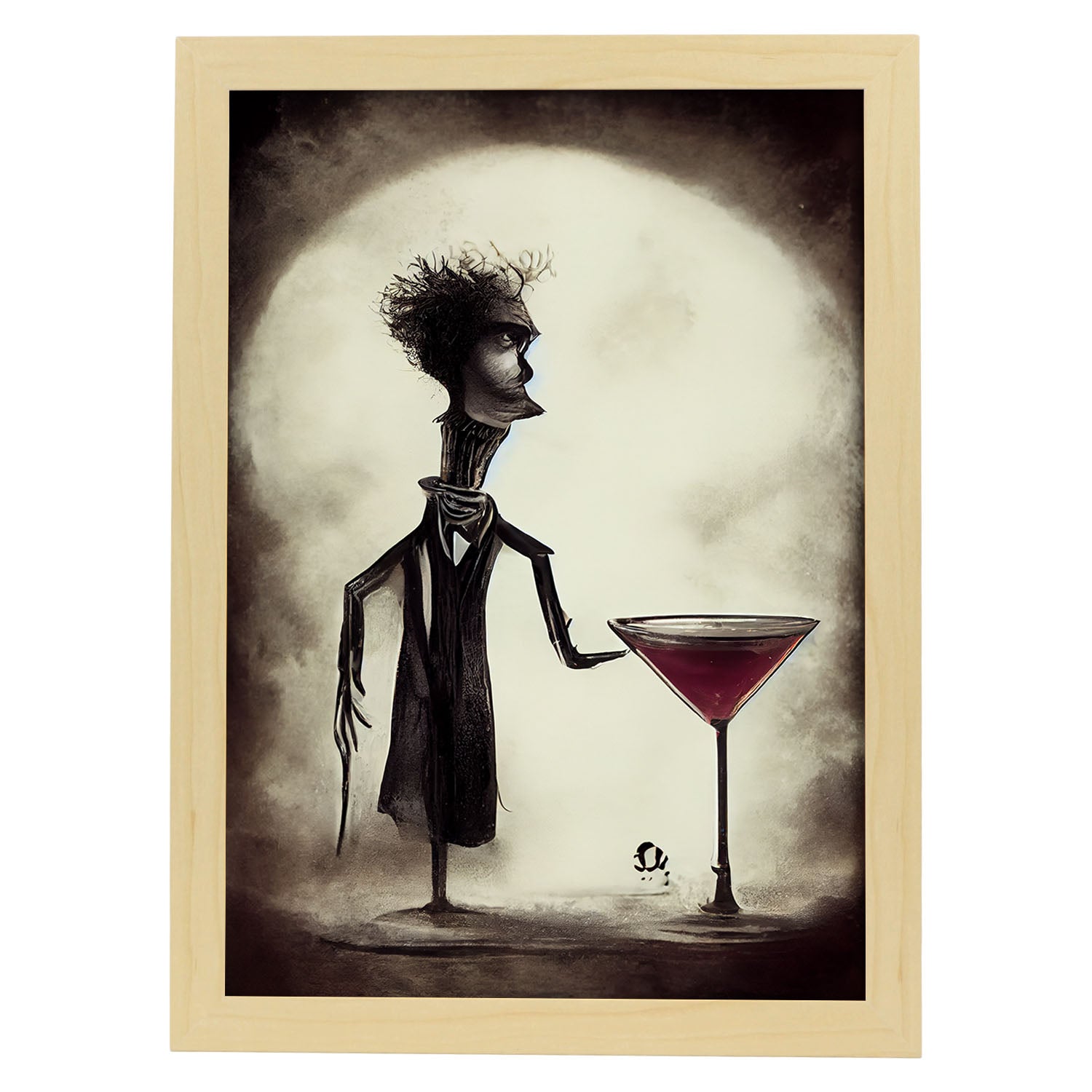 Nacnic Lámina Camarero Empático al estilo de T. Burton. Ilustraciones de profesiones y oficios inspiradas en arte gótico y oscuro. Diseño y Decoración de Interiores.-Artwork-Nacnic-A4-Marco Madera clara-Nacnic Estudio SL