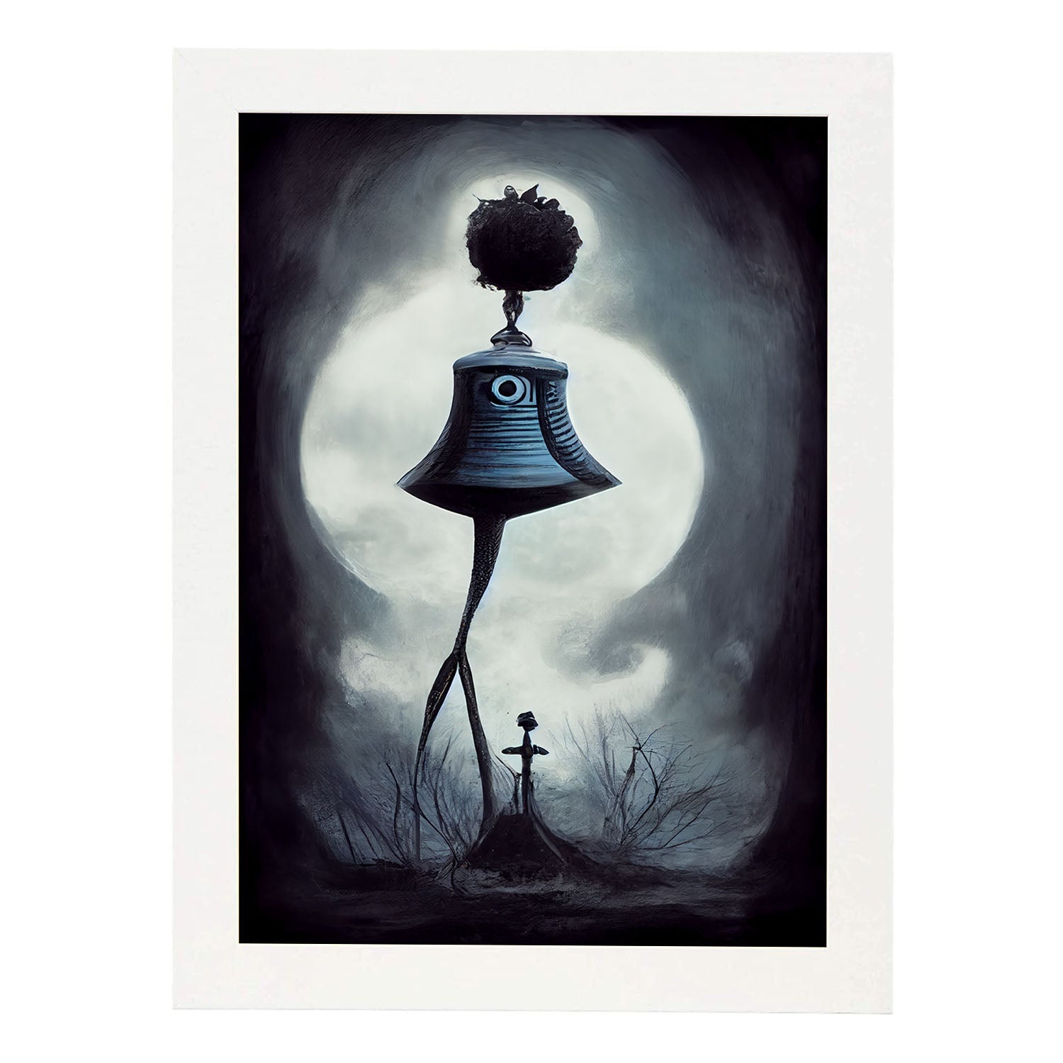 Nacnic Lámina Campana con piernas Curioso al estilo de T. Burton. Ilustraciones de escenas y lugares inspiradas en arte gótico y oscuro. Diseño y Decoración de Interiores.-Artwork-Nacnic-A4-Marco Blanco-Nacnic Estudio SL