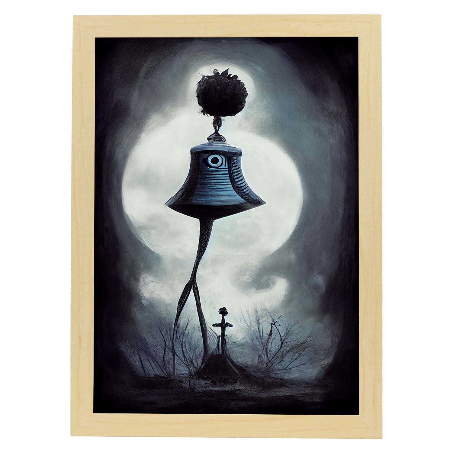 Nacnic Lámina Campana con piernas Curioso al estilo de T. Burton. Ilustraciones de escenas y lugares inspiradas en arte gótico y oscuro. Diseño y Decoración de Interiores.-Artwork-Nacnic-A4-Marco Madera clara-Nacnic Estudio SL